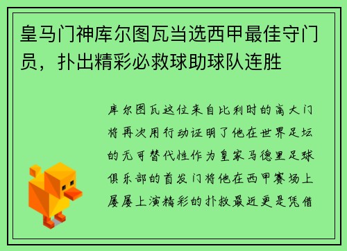 皇马门神库尔图瓦当选西甲最佳守门员，扑出精彩必救球助球队连胜
