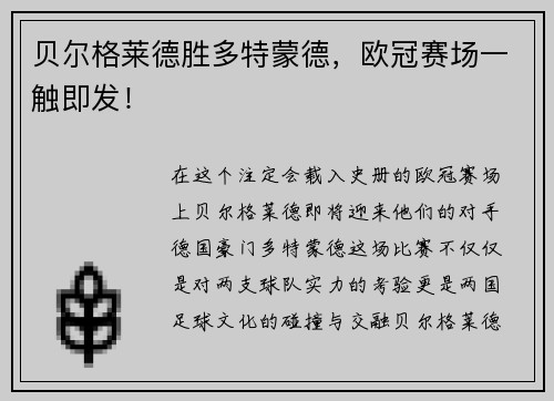 贝尔格莱德胜多特蒙德，欧冠赛场一触即发！